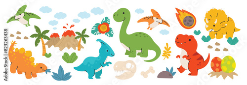 Cute dinosaurs vector set. Hand drawn doodle triceratops, stegosaurus, tyrannosaurus, diplodocus, pterosaur. Dinosaur comic character design for kids, print, clothes, poster, education, edutainment.