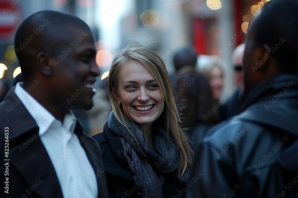 Portrait of a beautiful young woman smiling at the camera while walking in the street Portrait of a beautiful young woman smiling at the camera while walking in the street