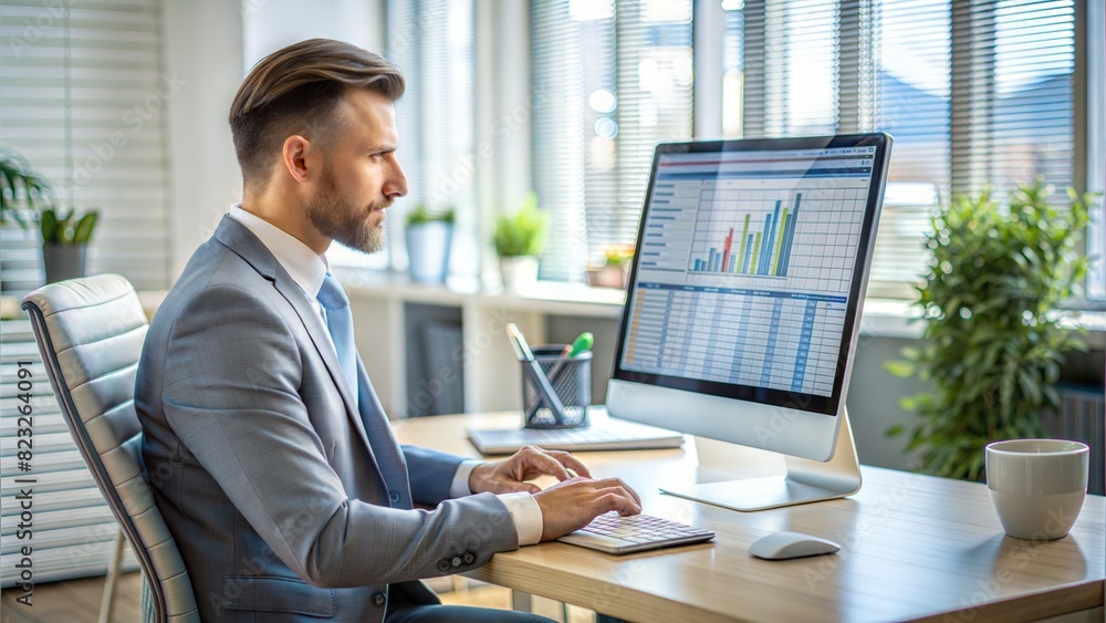 Accountant with Financial Software: An accountant using financial software on a desktop computer, highlighting modern accounting practices.
Accountant with Financial Software: An accountant using financial software on a desktop computer, highlighting modern accounting practices.