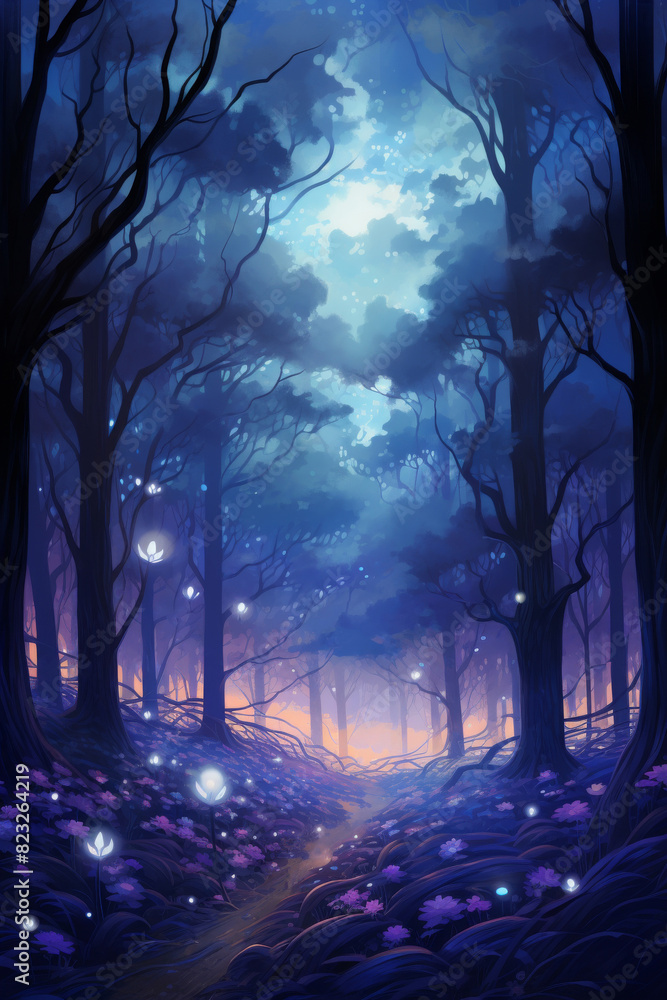 Low poly art, Enchanting night forest with glowing flowers and vibrant blue sky, creating a mystical and surreal atmosphere.