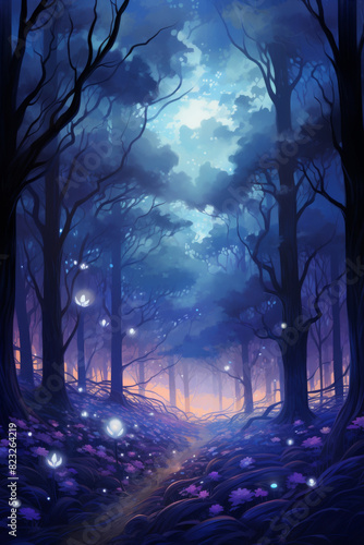 Low poly art  Enchanting night forest with glowing flowers and vibrant blue sky  creating a mystical and surreal atmosphere.