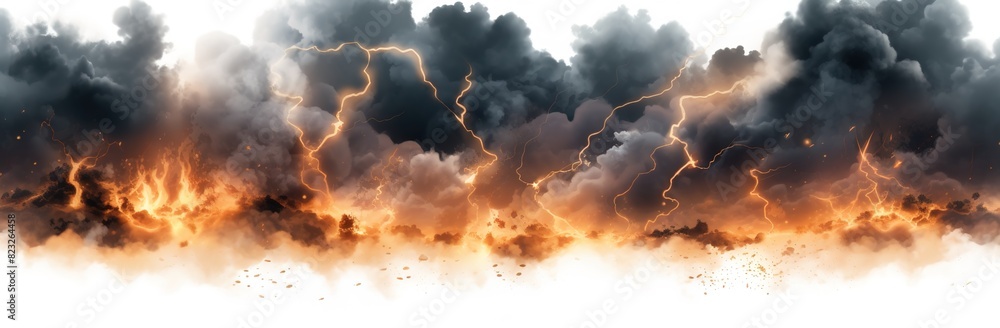 Black storm clouds with lightnings and smoke isolated on transparent ...