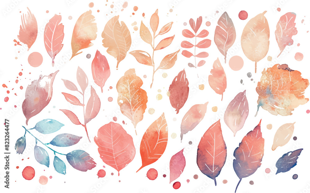 Watercolor hand made leaves. Set of botanical textured leaves in warm colors isolated on white background Watercolor hand made leaves. Set of botanical textured leaves in warm colors isolated on white background