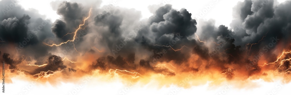 
Black storm clouds with lightnings and smoke isolated on transparent background.
