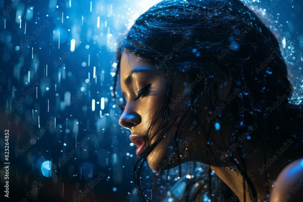 Close-up of a contemplative woman with water droplets and moody backlighting Close-up of a contemplative woman with water droplets and moody backlighting
