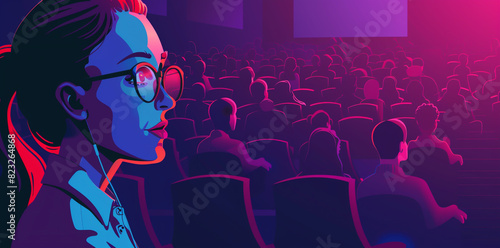 A bespectacled woman presents captivatingly at a contemporary conference theater before a diverse audience. photo