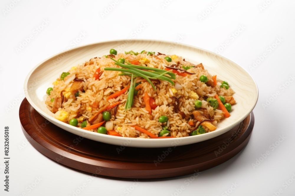 Refined fried rice on a porcelain platter against a white background Refined fried rice on a porcelain platter against a white background