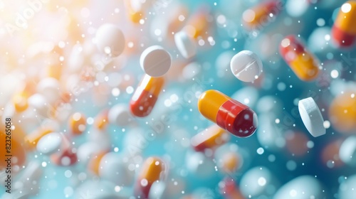 Medical blurred background with flying pills and capsules
