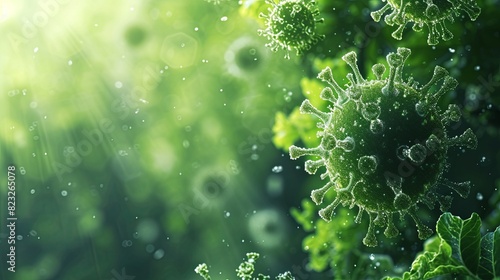 Close up of green microbes, molecules, viruses and bacteria