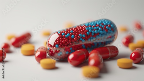 Close up of colored pills and capsules on a light background
