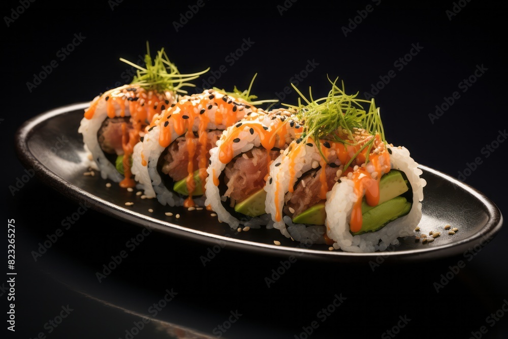 Tasty sushi on a palm leaf plate against a white background Tasty sushi on a palm leaf plate against a white background