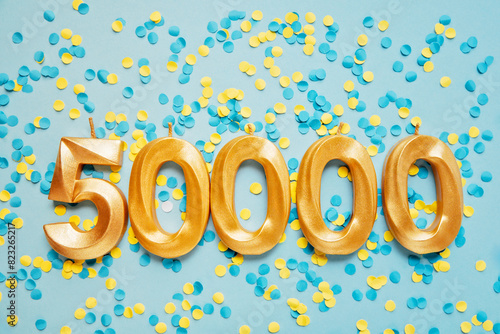 50000 followers card. Template for social networks, blogs. Festive Background Social media celebration banner. 50k online community fans. 50 fifty thousand subscriber photo