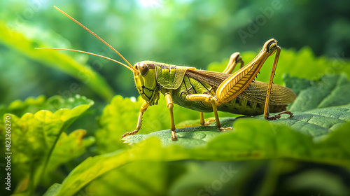 A grasshopper sat on a leaf.