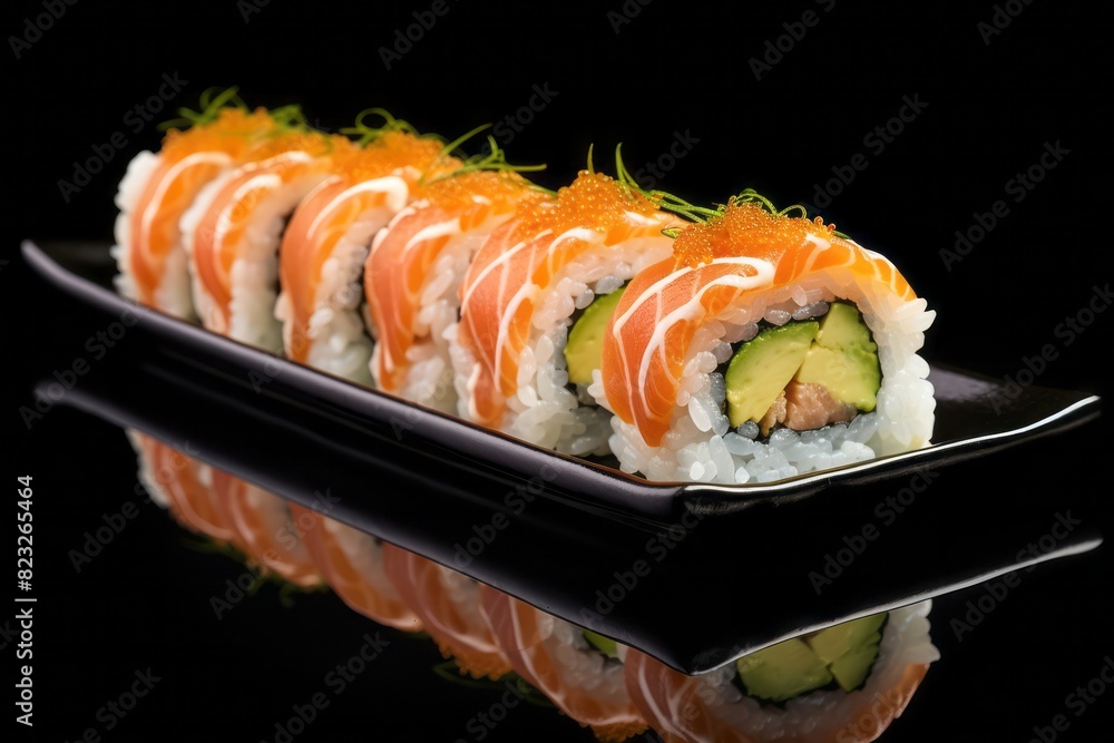 Tasty sushi on a palm leaf plate against a white background Tasty sushi on a palm leaf plate against a white background