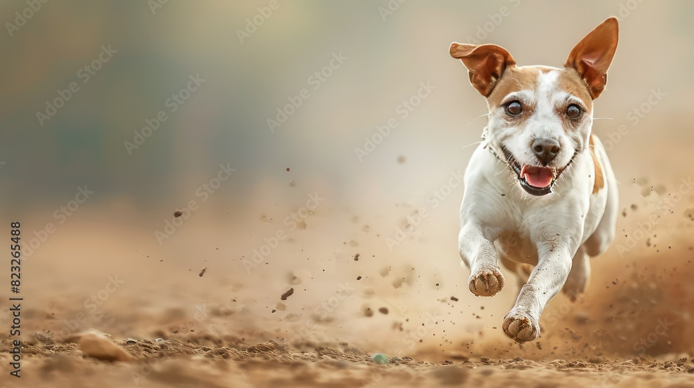 Small happy dog runs fast on the sand. Small happy dog runs fast on the sand.