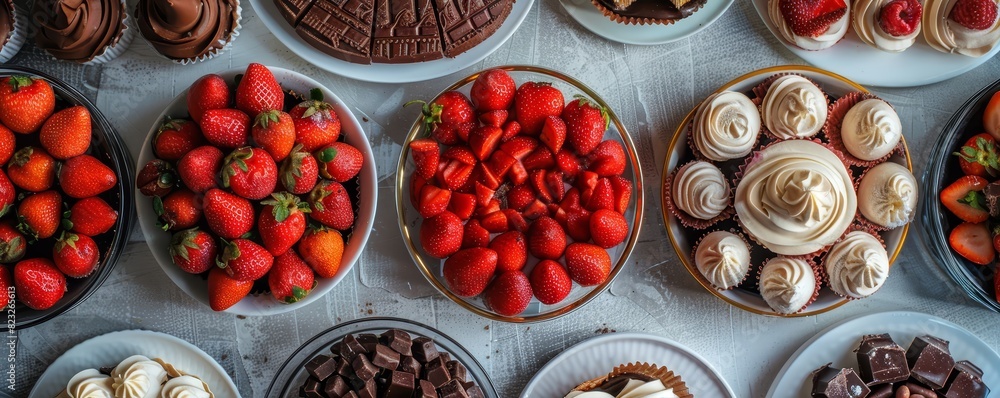 Top view of delicious desserts and fresh strawberries arranged in bowls on a white tablecloth, perfect for food and culinary presentations. Top view of delicious desserts and fresh strawberries arranged in bowls on a white tablecloth, perfect for food and culinary presentations.
