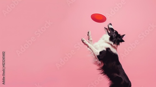 A Border Collie dog is catching a red frisbee in mid-air against a pink background. photo