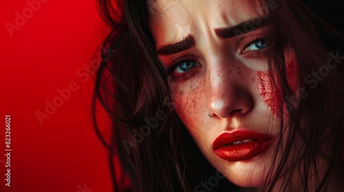 A close-up of a young woman with blood on her face  tears flowing  and mascara running down on a colored background. Generative AI