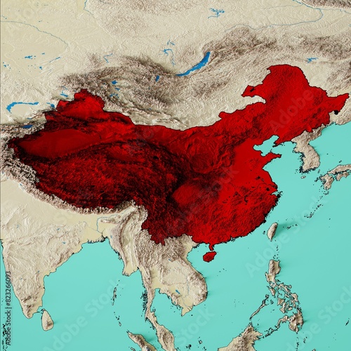 6K China Topographic Map 3D Render Highlight Red photo