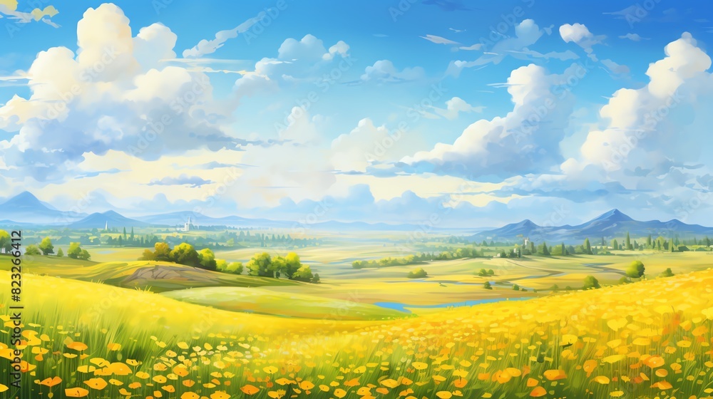 beautiful spring landscape, meadow with yellow flowers against the blue sky, spring and summer flower panorama