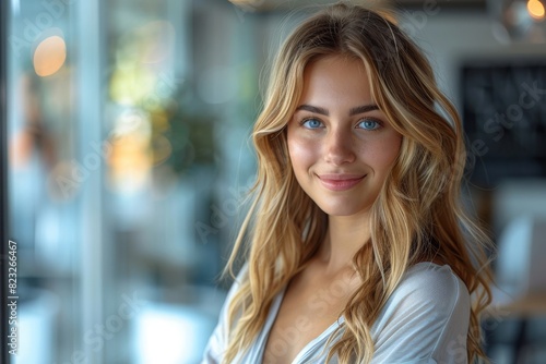 Portrait of happy businesswoman with touchpad in office looking at camera.