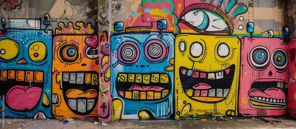 Obraz premium Graffiti on the walls cartoon designs, funny faces obsolete robots.