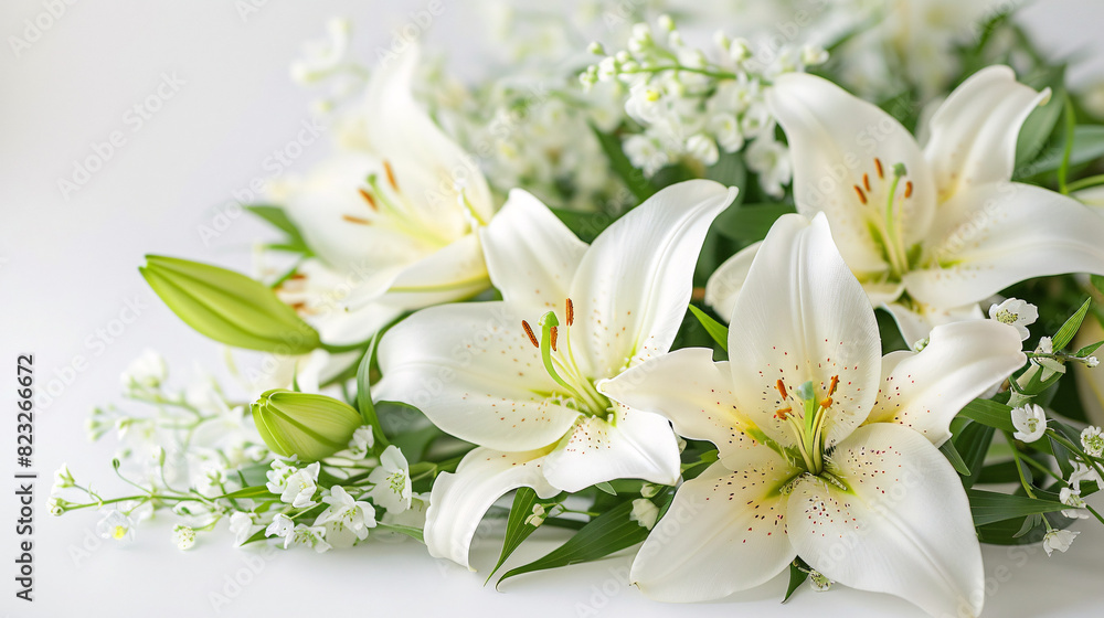 Fototapeta premium A bouquet of white lilies in the white background.