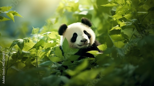 giant cute panda in green leaves