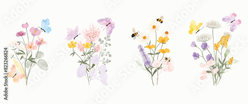 Set of botanical bouquet vector element. Collection of bee, butterfly, flowers, wildflowers, wild grass. Watercolor floral illustration design for logo, wedding, invitation, decor, print.