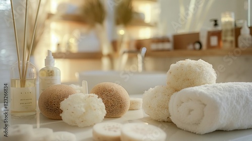 Exfoliation spa room with natural equipment arranged like loofahs and towels photo