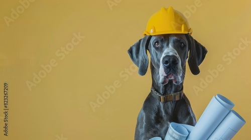 A gray dog wearing a yellow hard hat is holding blueprints in its mouth. The dog is looking at the camera with a serious expression.