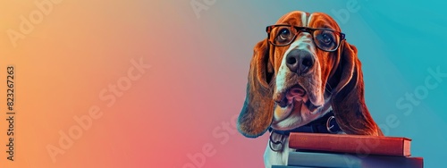 A hound dog wearing horn-rimmed glasses is sitting in front of a blue background.