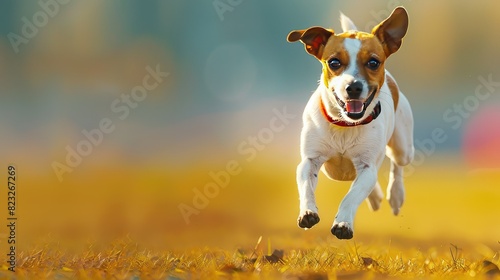 A happy dog runs across a field of wheat.
