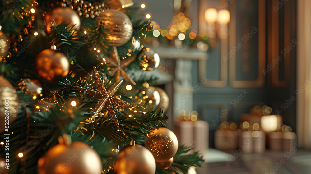 Beautiful elegant Christmas tree with Golden balls and