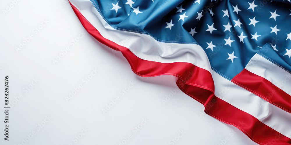 American flag on white background. Banner for Flag Day, Independence Day, Memorial Day. Flat lay, top view. Copy space for text. Mock up. Close up. American flag on white background. Banner for Flag Day, Independence Day, Memorial Day. Flat lay, top view. Copy space for text. Mock up. Close up.