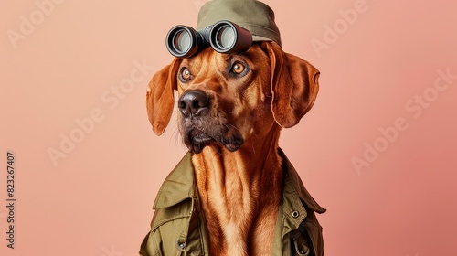 A Rhodesian Ridgeback dog wearing an olive drab hat and goggles. photo
