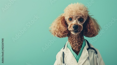 A poodle dog wearing a lab coat and stethoscope. © Suwanlee