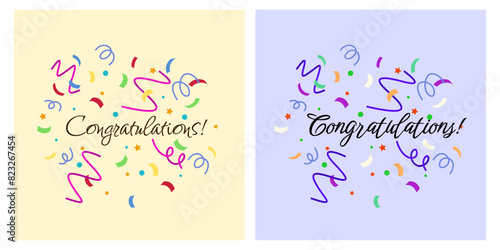 Congratulations paper confetti sign. Congratulations confetti banner. Congrats card with color confetti, congratulation lettering banner © Viktoriia