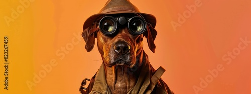 A sepia toned cartoon dog wearing a pith helmet and aviator goggles. photo