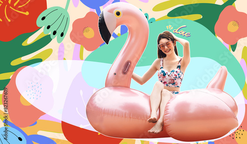 Asian woman with flamingo inflatable wearing swimsuit lifestyle in collage contemporary art style