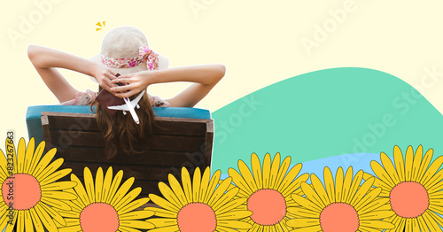 Rear view of relax traveler asian woman sitting on beach chair lifestyles in collage art design
