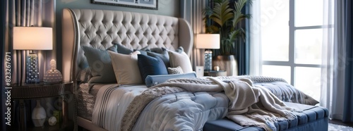 Tranquil bedroom retreat with a luxurious upholstered bed soft bedding and ambient lighting offering a serene sanctuary for rest and rejuvenation after a long day. photo