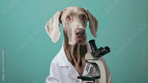 A Weimaraner dog wearing a lab coat and looking through a microscope.
