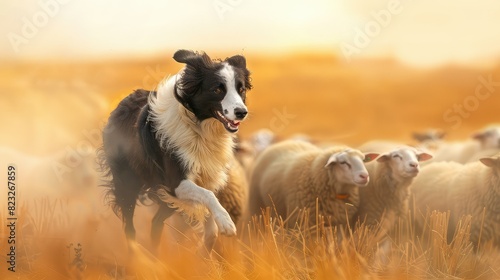 Border collie running in a field with sheeps photo