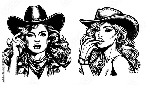 black and white pin-up style cowgirl drawing