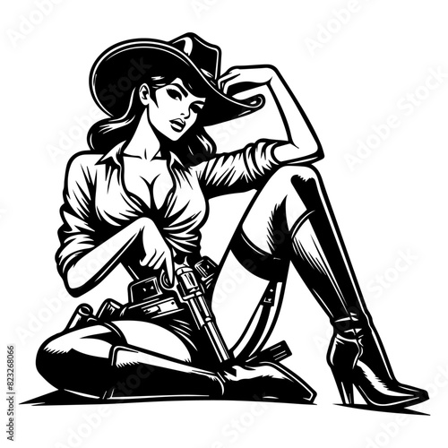 vintage pin-up cowgirl art in monochrome