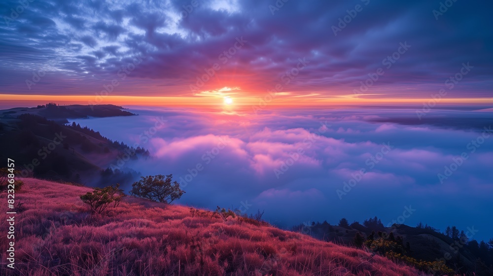 Fototapeta premium A vibrant sunrise illuminates the mountain, casting a warm glow over the misty valley and serene landscape.