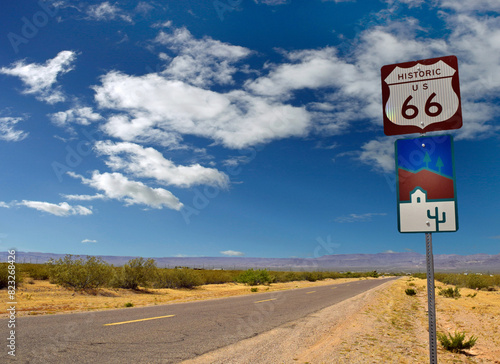Route 66 sign on highway in Arizona, USA