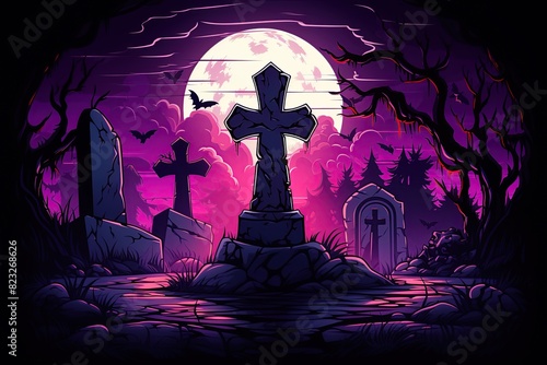 Tombstone with cross at cemetery at night, Spooky Halloween scene. Ai Generative photo