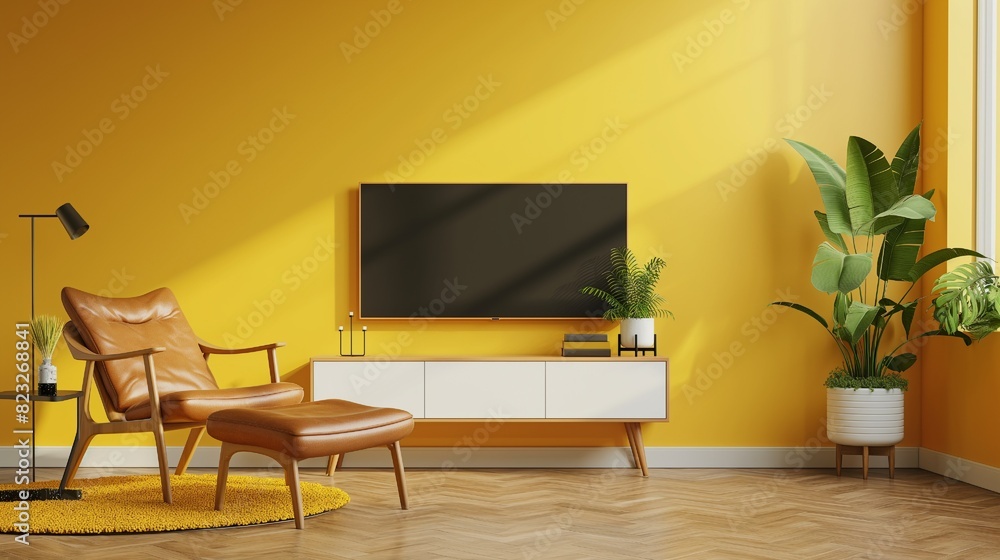 Fototapeta premium TV cabinet in a contemporary living room with a yellow wall backdrop, a leather armchair, and a plant.